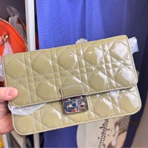Authentic Miss Dior grey cannage quilted patent bag with chain